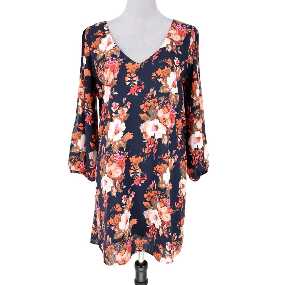 Lulus Dress Womens Large Navy Blue Orange Floral Lined Slit Sleeve Chiffon Party